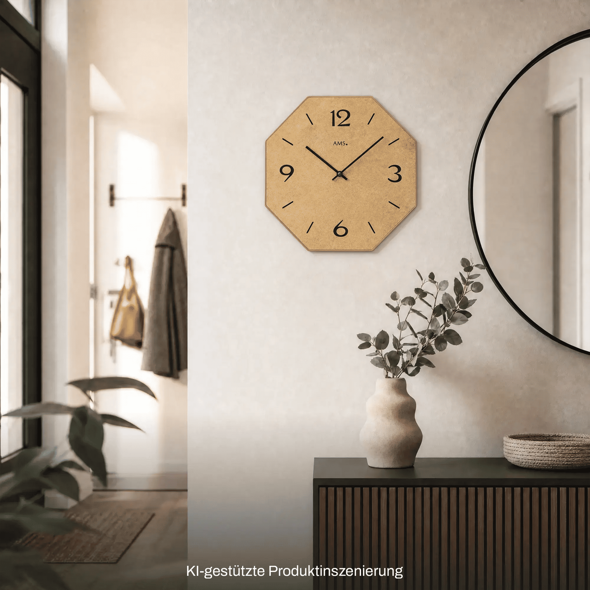 Wanduhr mit oktogonalem Holzgehäuse, bedruckte Ziffern 1–12 und schwarze Zeiger