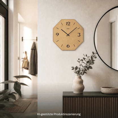 Wanduhr mit oktogonalem Holzgehäuse, bedruckte Ziffern 1–12 und schwarze Zeiger