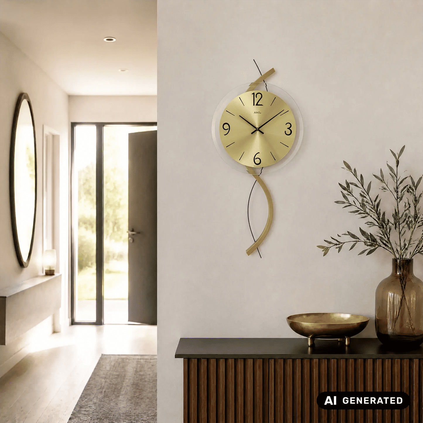 Wanduhr an der Wand: rundes Zifferblatt mit goldenen Zeigern und pendelnder Aufhängung