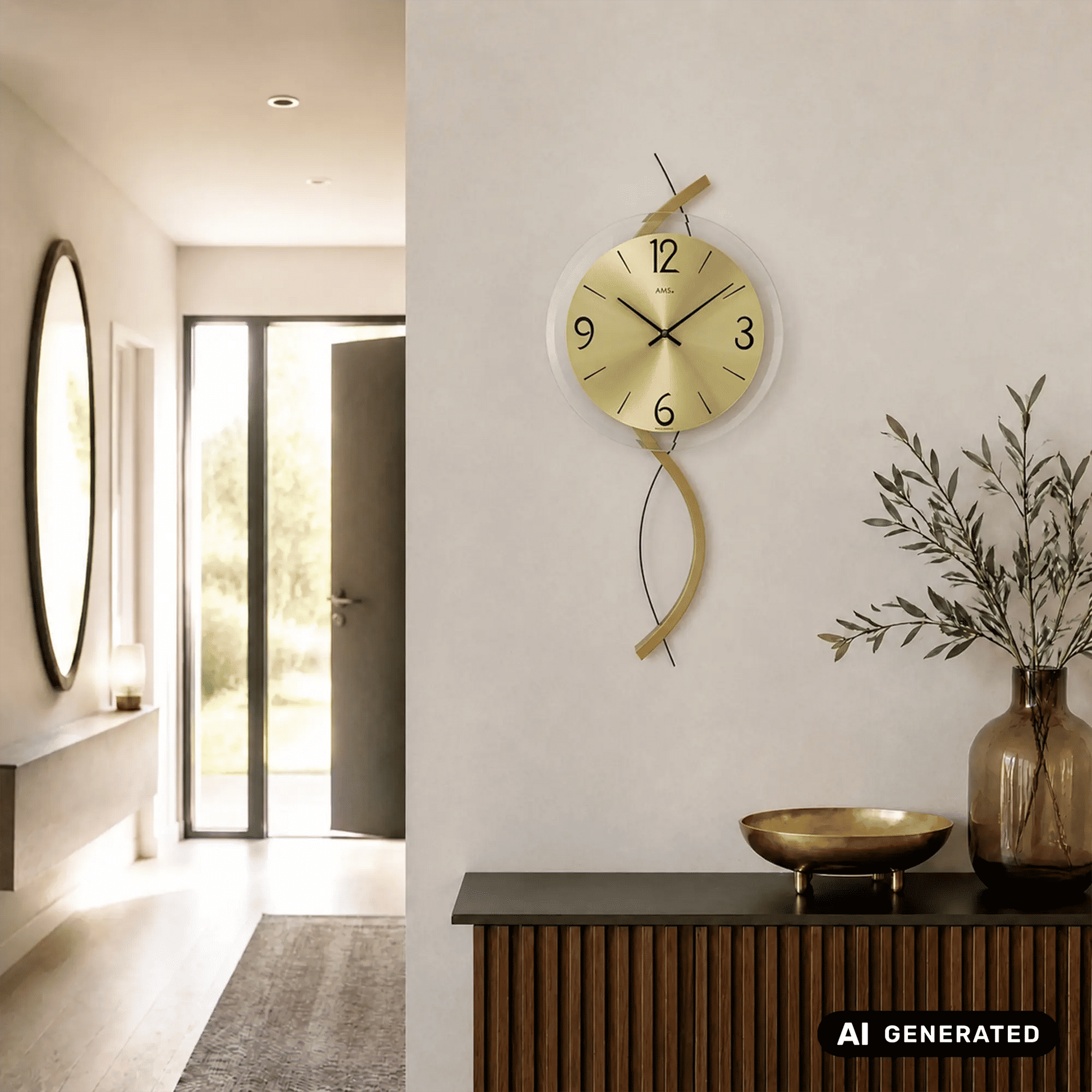 Wanduhr an der Wand: rundes Zifferblatt mit goldenen Zeigern und pendelnder Aufhängung