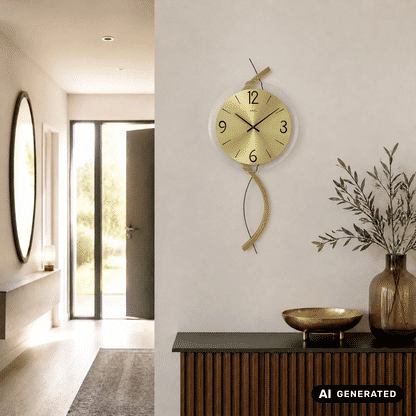 Wanduhr an der Wand: rundes Zifferblatt mit goldenen Zeigern und pendelnder Aufhängung