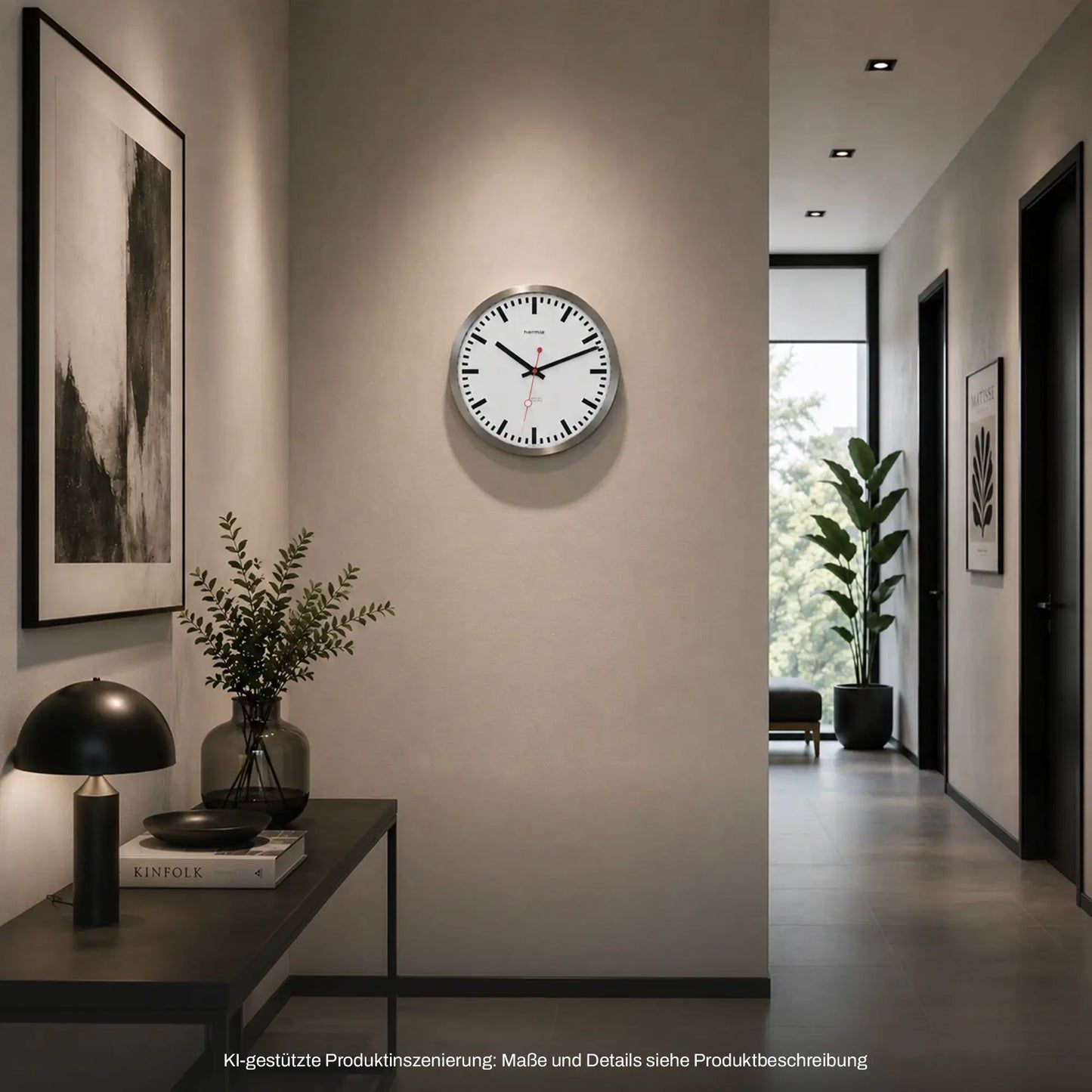 Hermle Wanduhr rund an der Wand: weißes Zifferblatt, silberner Rahmen, rote Zeiger