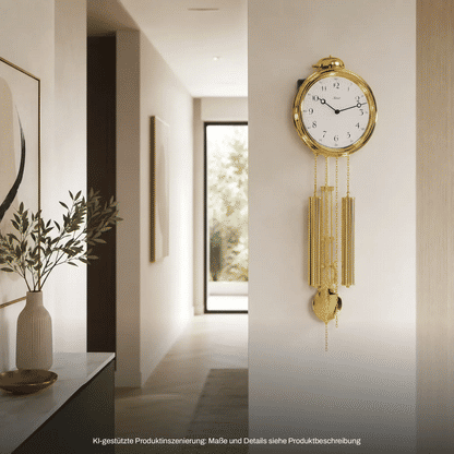 Wanduhr mit rundem Metallgehäuse, goldfarbenem Zifferblatt und hängenden Pendelgewichten