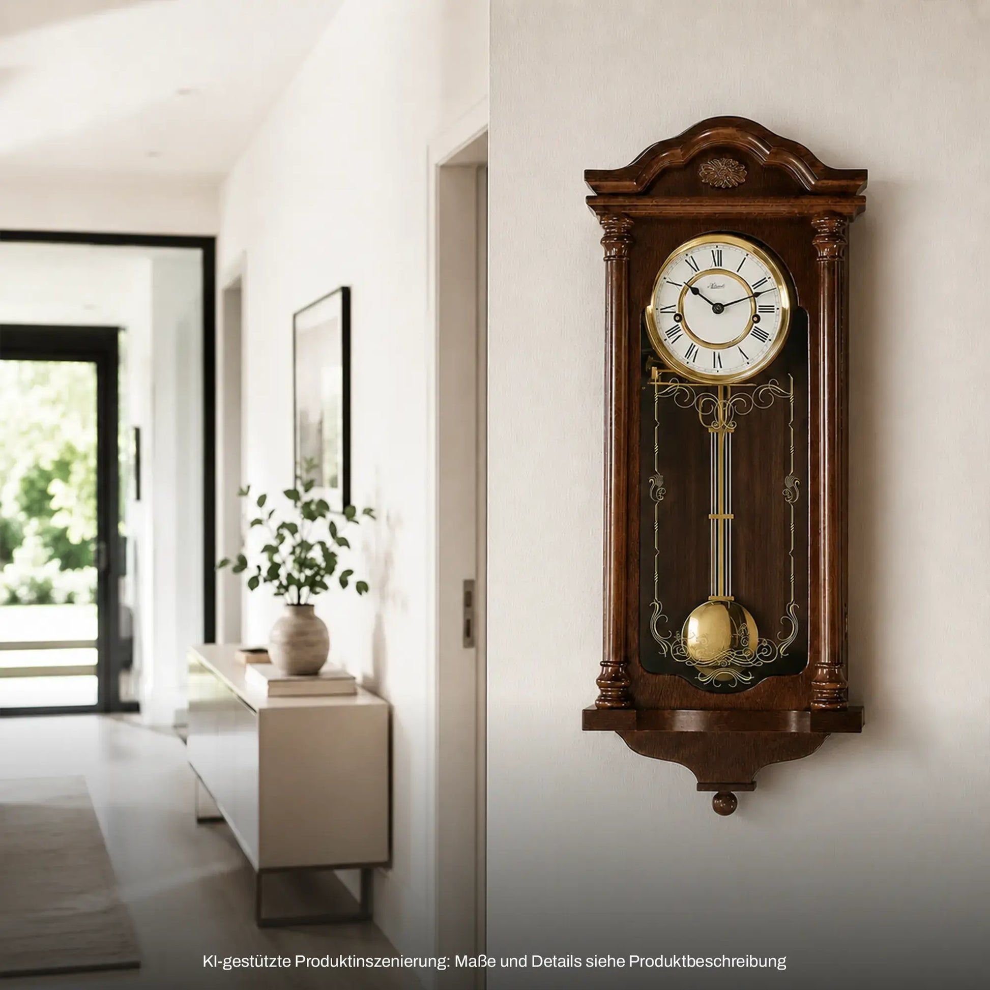 Wanduhr aus braunem Holz mit rundem Ziffernblatt und Pendel, im geschlossenen Gehäuse