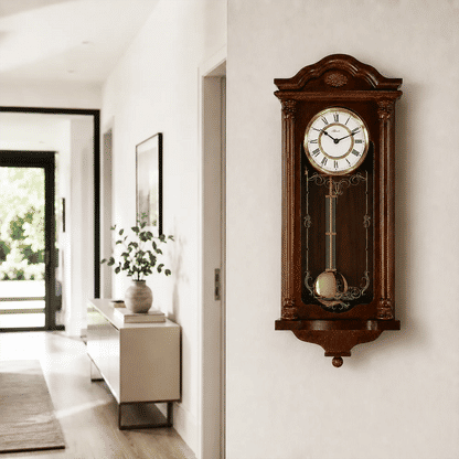 Braune Holz-Wanduhr an der Wand mit rundem Zifferblatt und goldfarbener Glocke