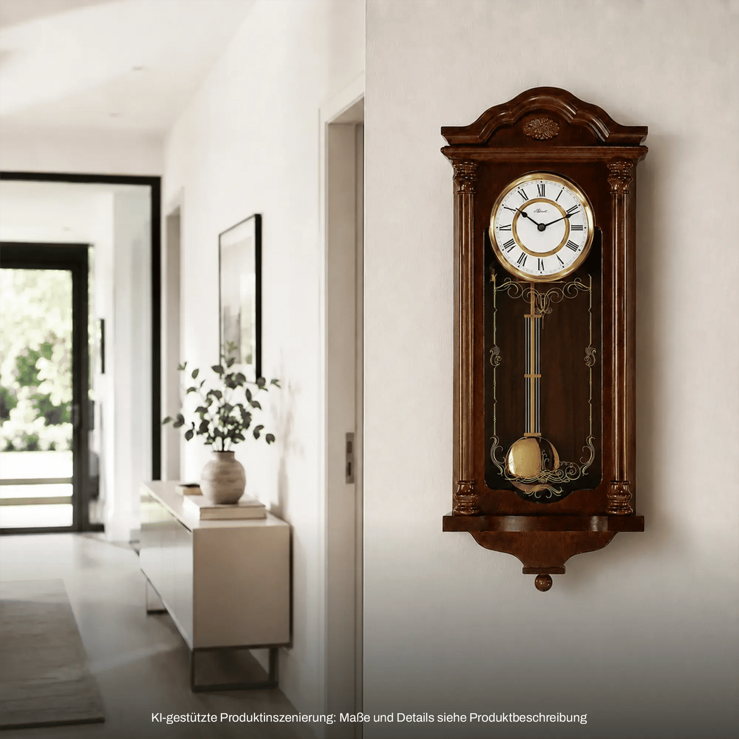 Holz-Wanduhr mit Glasfront, goldenem Pendel und römischen Ziffern im Zifferblatt