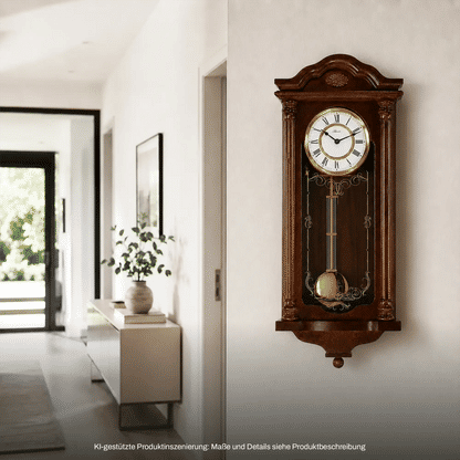 Holz-Wanduhr mit Glasfront, goldenem Pendel und römischen Ziffern im Zifferblatt