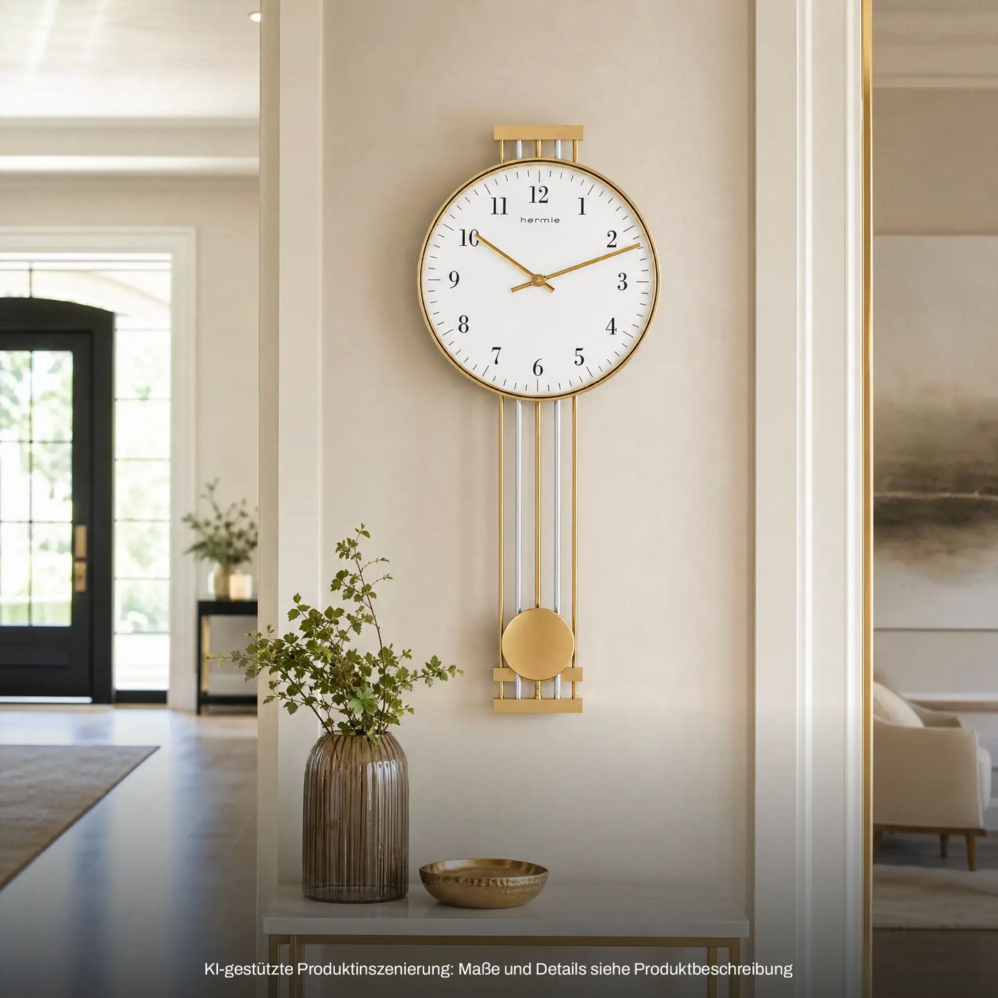 Runde Messing-Wanduhr mit weißem Zifferblatt und Pendelstäben, goldene Pendelkugel