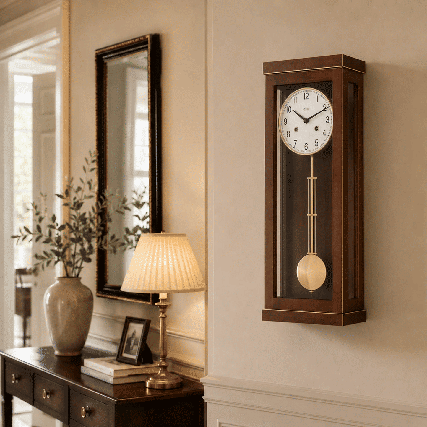 Wanduhr aus Holz mit rundem Zifferblatt und Pendel im schmalen Wandgehäuse