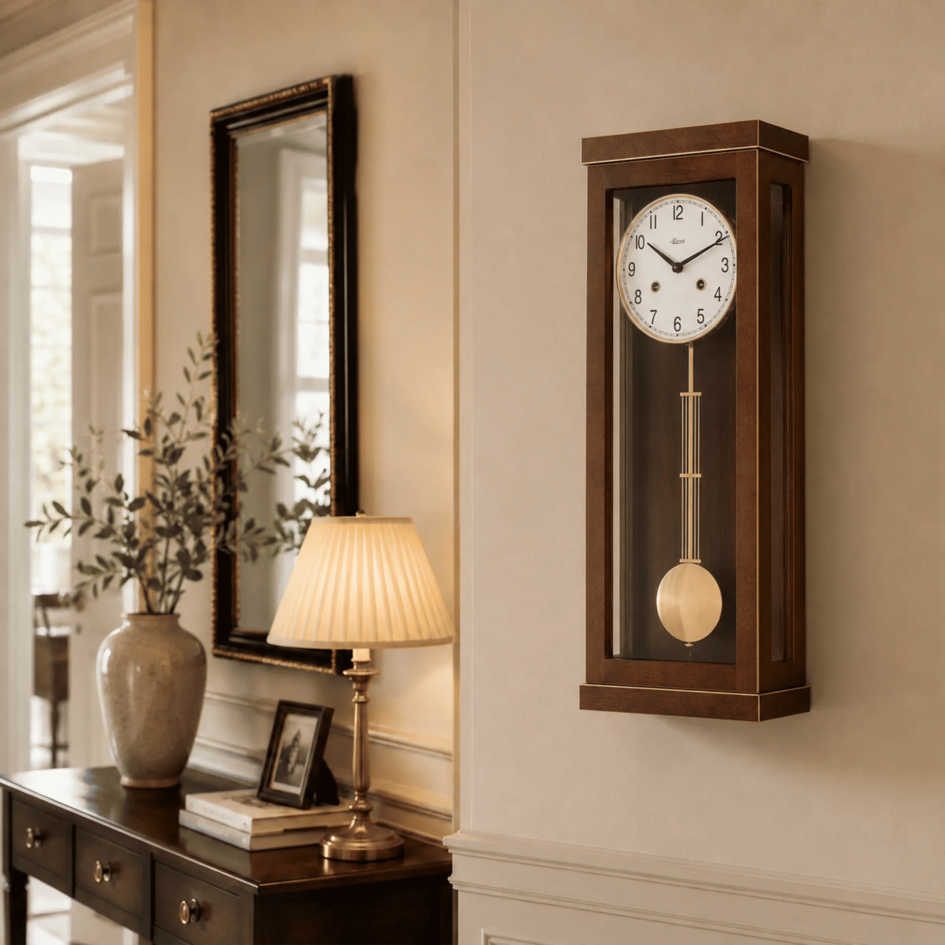 Wanduhr aus Holz mit rundem Zifferblatt und Pendel im schmalen Wandgehäuse