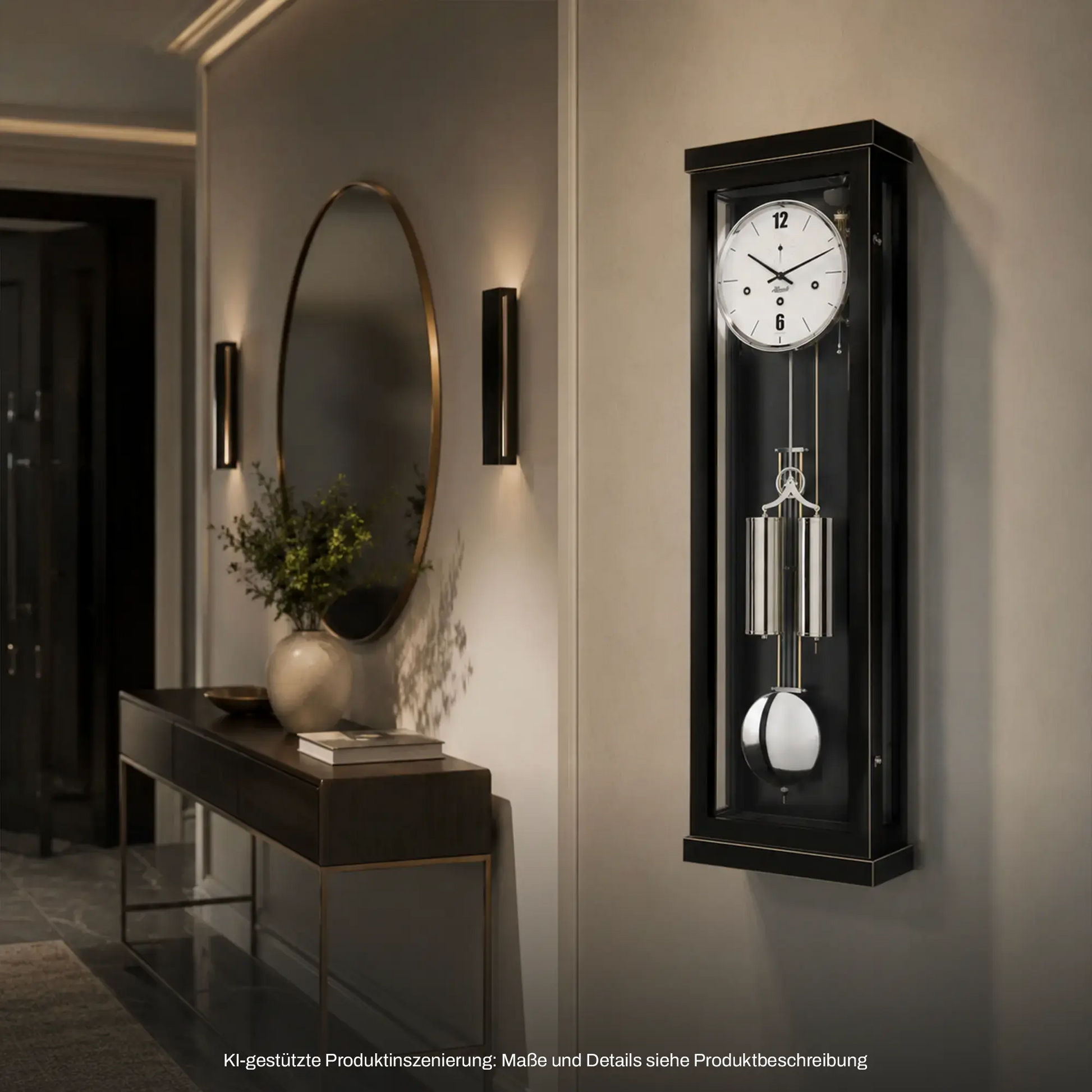 Schwarze Wanduhr an der Wand mit rundem Zifferblatt und sichtbarem Schlagwerk im Rahmen.