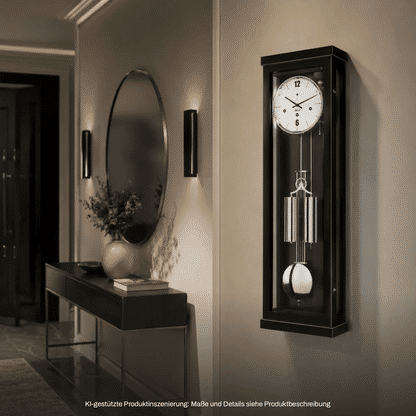 Schwarze Wanduhr an der Wand mit rundem Zifferblatt und sichtbarem Schlagwerk im Rahmen.