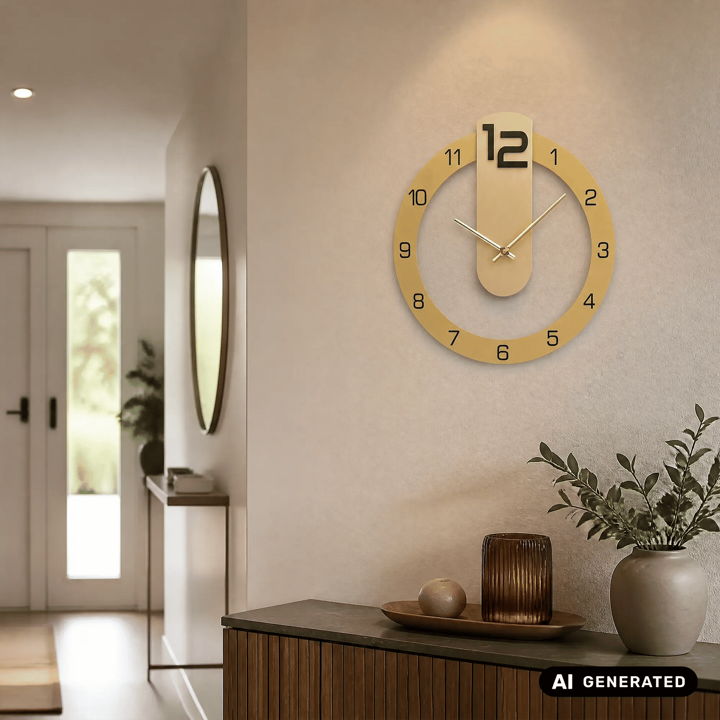 Runde Wanduhr an der Wand mit hellem Zifferblatt und goldenen Ziffern