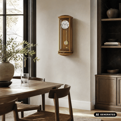 Regulator-Wanduhr aus Holz an der Wand, rundes Zifferblatt mit Pendel