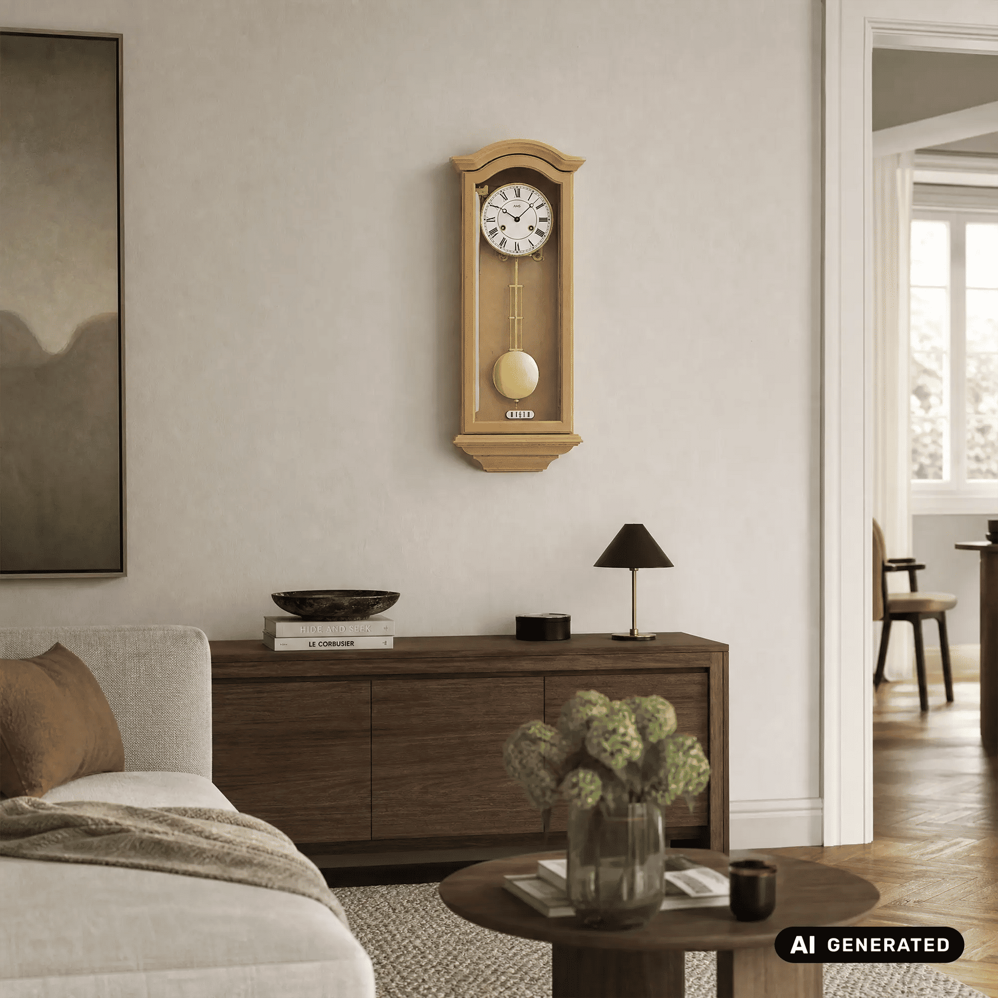 Wanduhr im Holzrahmen mit analogem Ziffernblatt und rundem Pendel