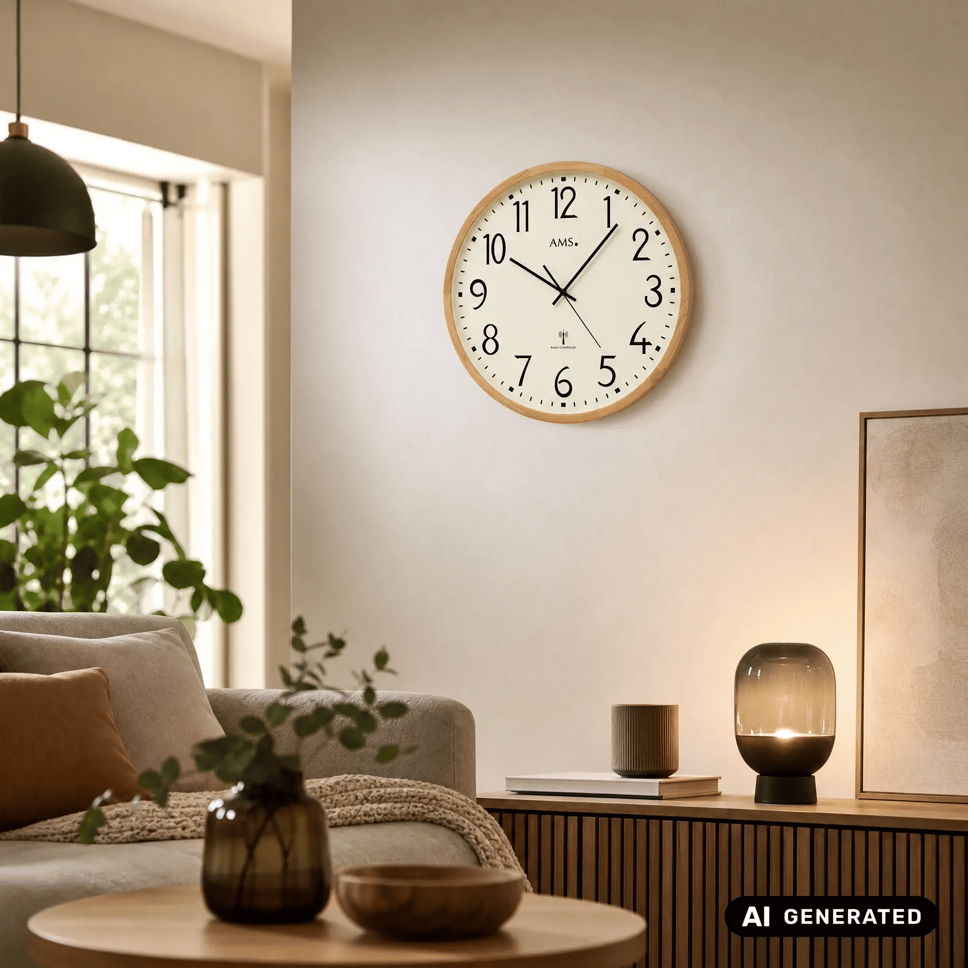 AMS Wanduhr mit hellem Holzrahmen und beigem Zifferblatt, rundes Design mit Zeigern