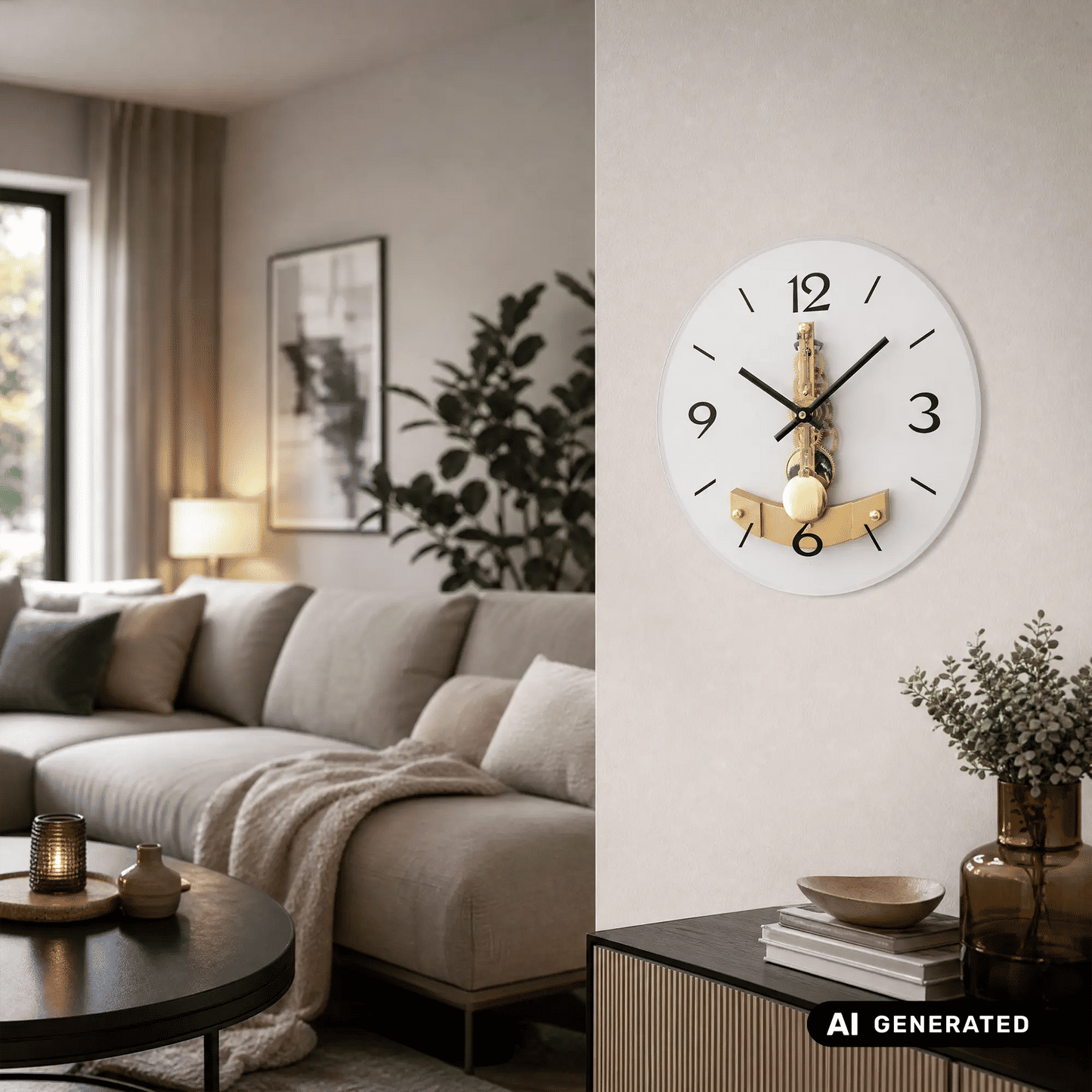 Runde Wanduhr mit weißem Zifferblatt, goldfarbenen Zeigern und pendelartiger Dekoration