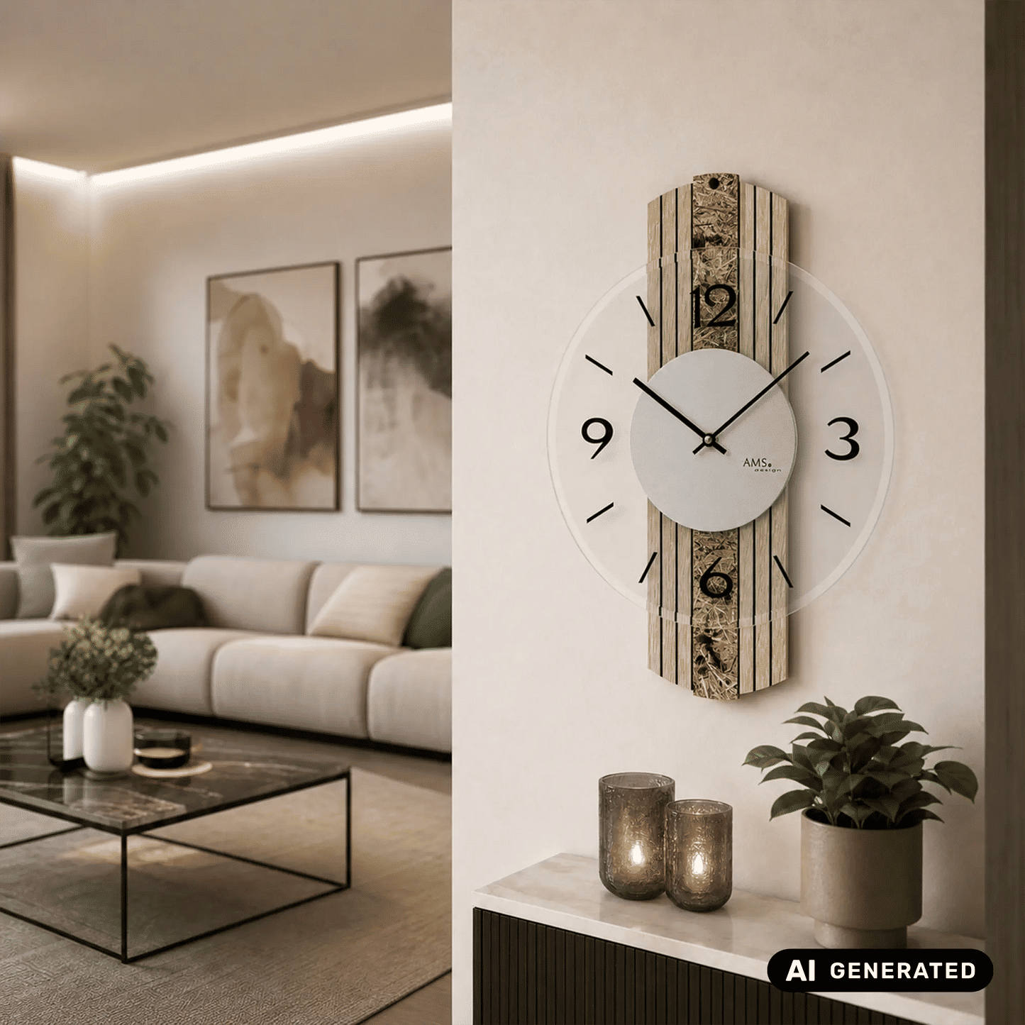 Wanduhr über Sideboard: weißes Ziffernblatt, graue Mitte und vertikales Holzdesign