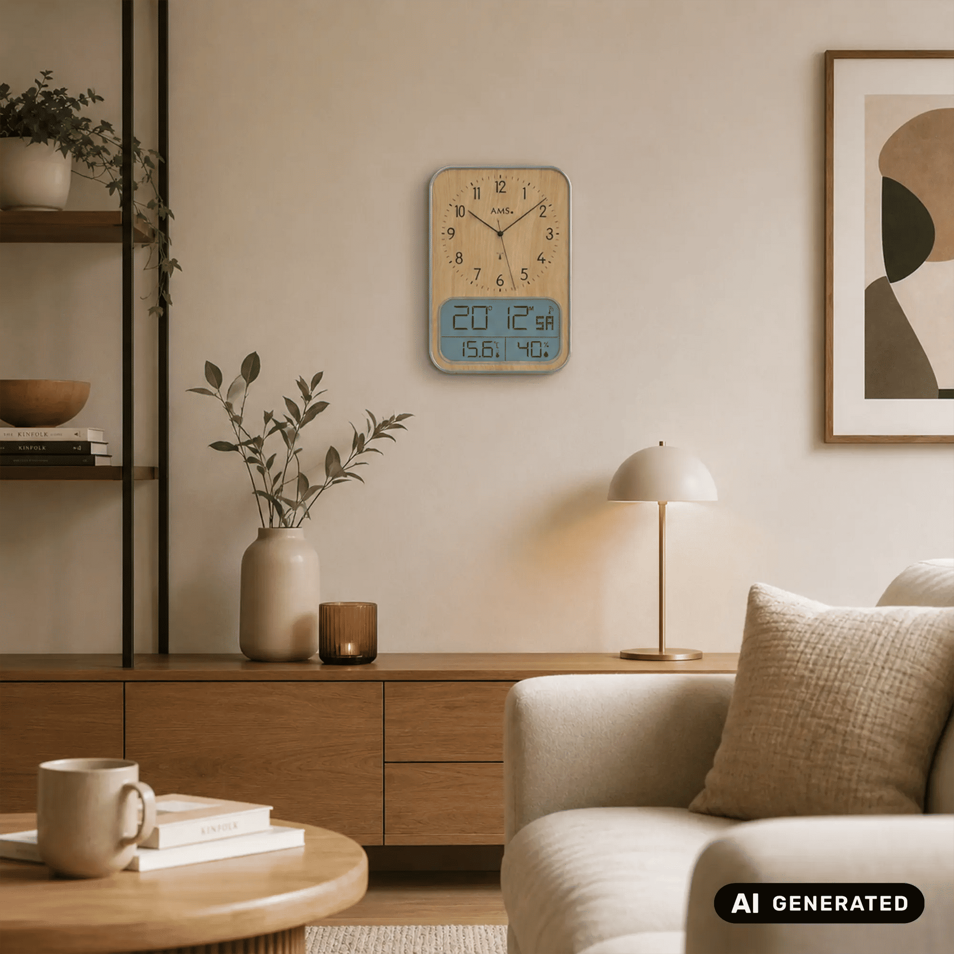 AMS Wanduhr an der Wand: Holzgehäuse, analoge Zeiger und digitale Anzeige