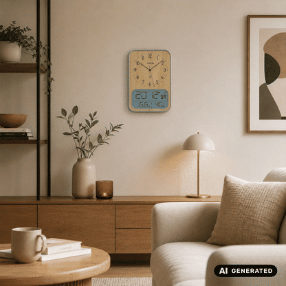 AMS Wanduhr an der Wand: Holzgehäuse, analoge Zeiger und digitale Anzeige