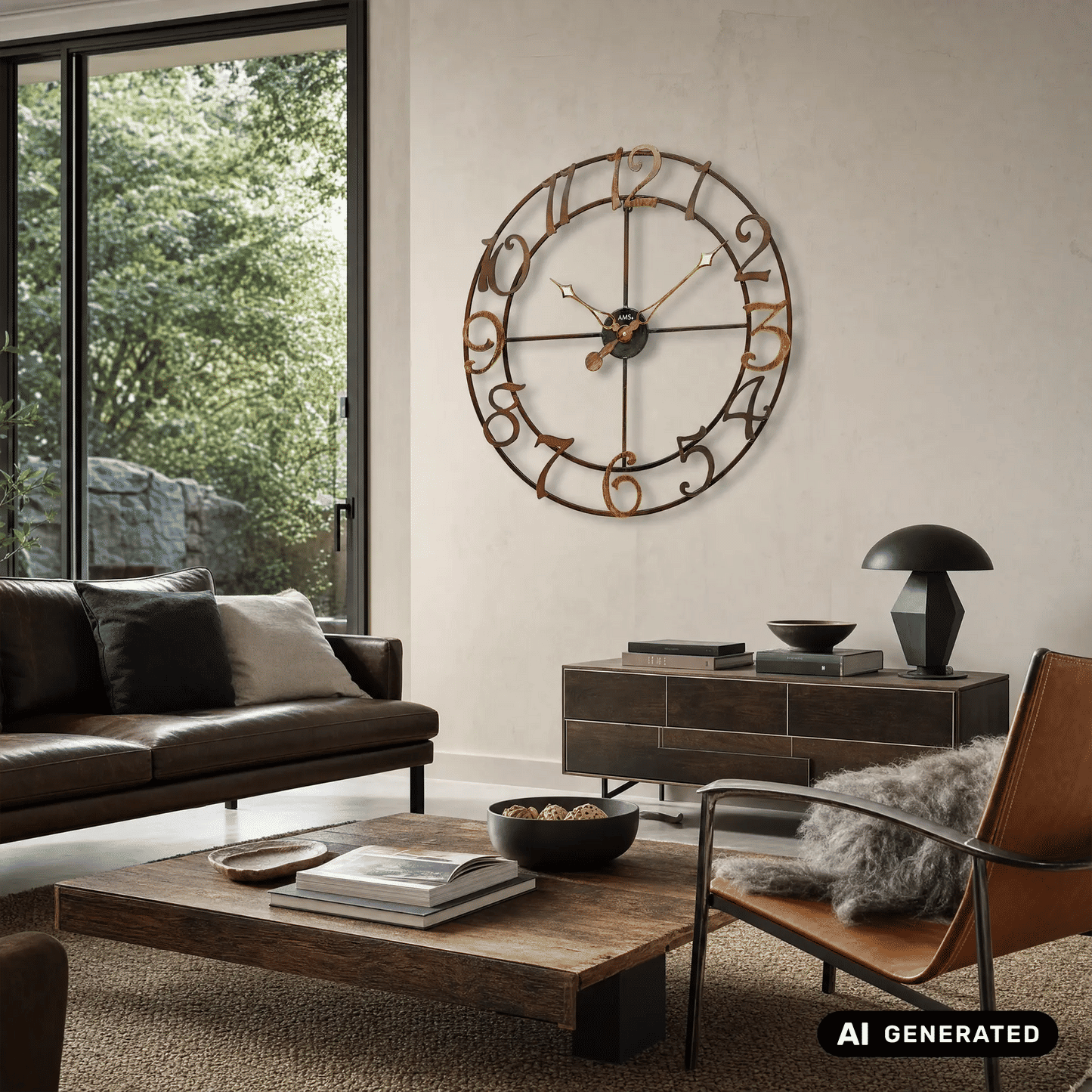 Wanduhr mit schwarzem Zifferblatt, arabischen Ziffern und braunem Metallrahmen