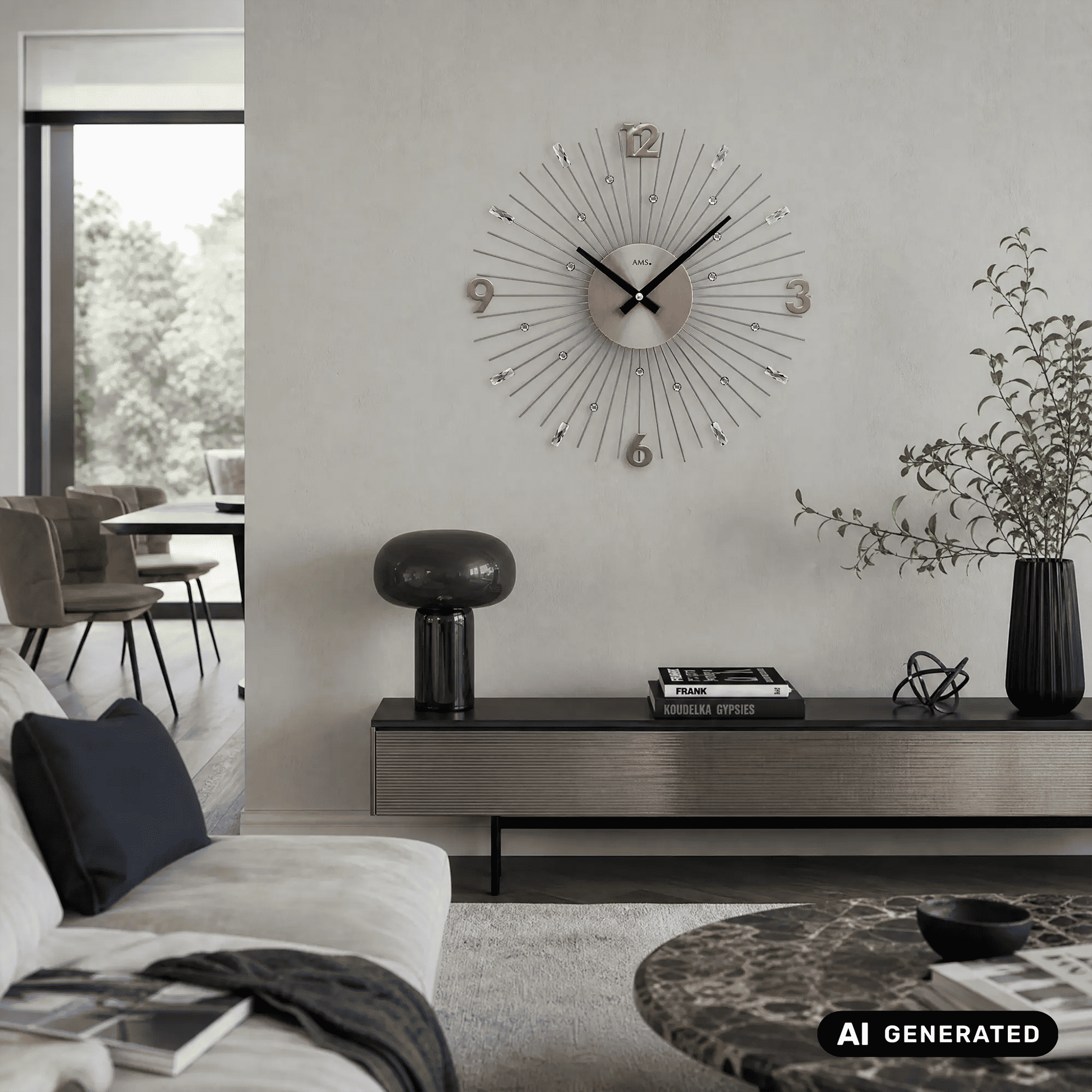 Wanduhr mit anthrazitfarbenem Zifferblatt, Metallstäben und markierten Zahlen auf Wandmontage