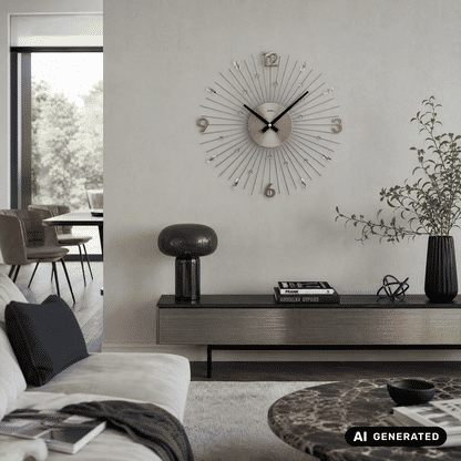 Wanduhr mit anthrazitfarbenem Zifferblatt, Metallstäben und markierten Zahlen auf Wandmontage