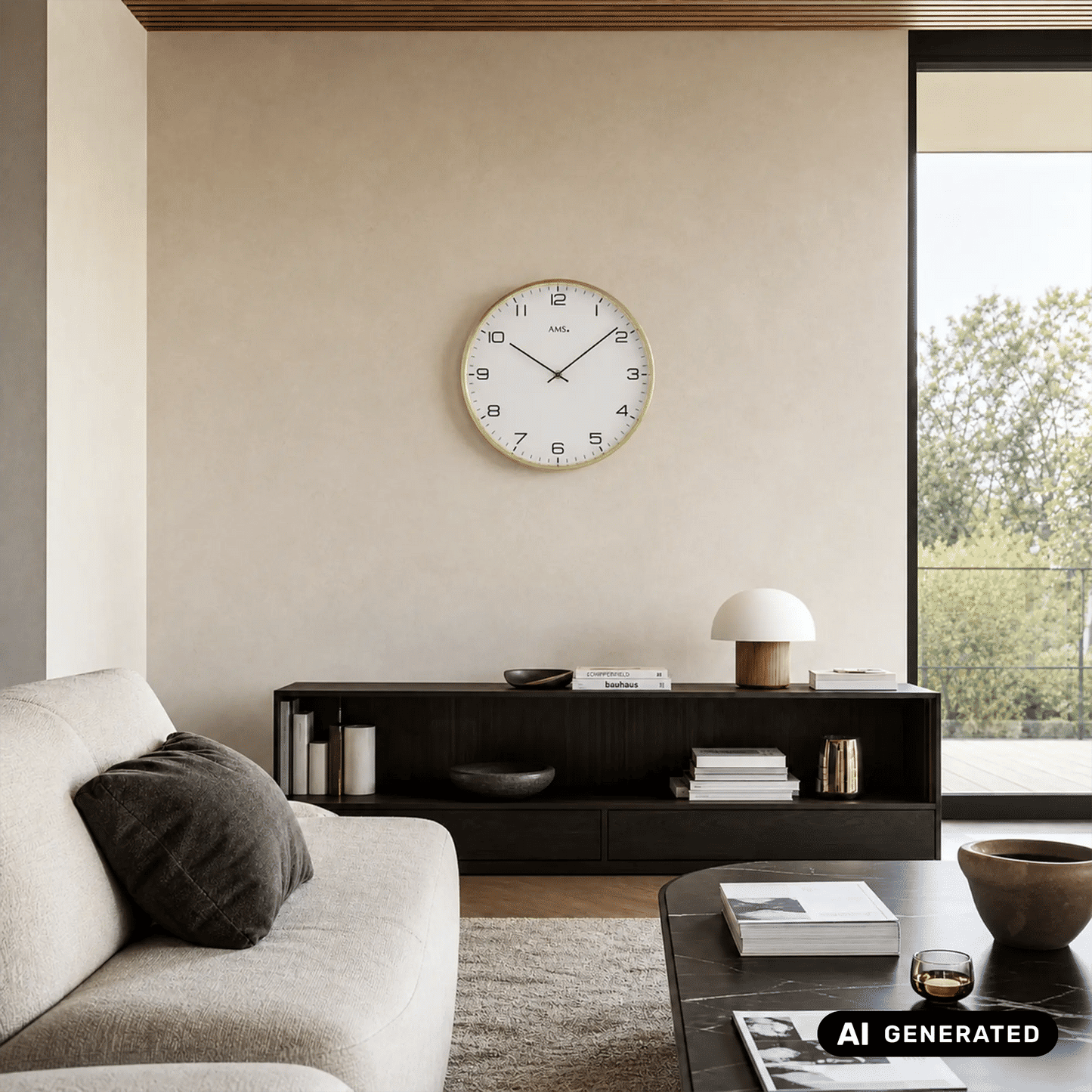 Runde Wanduhr mit weißem Zifferblatt und goldfarbener Einfassung an der Wand