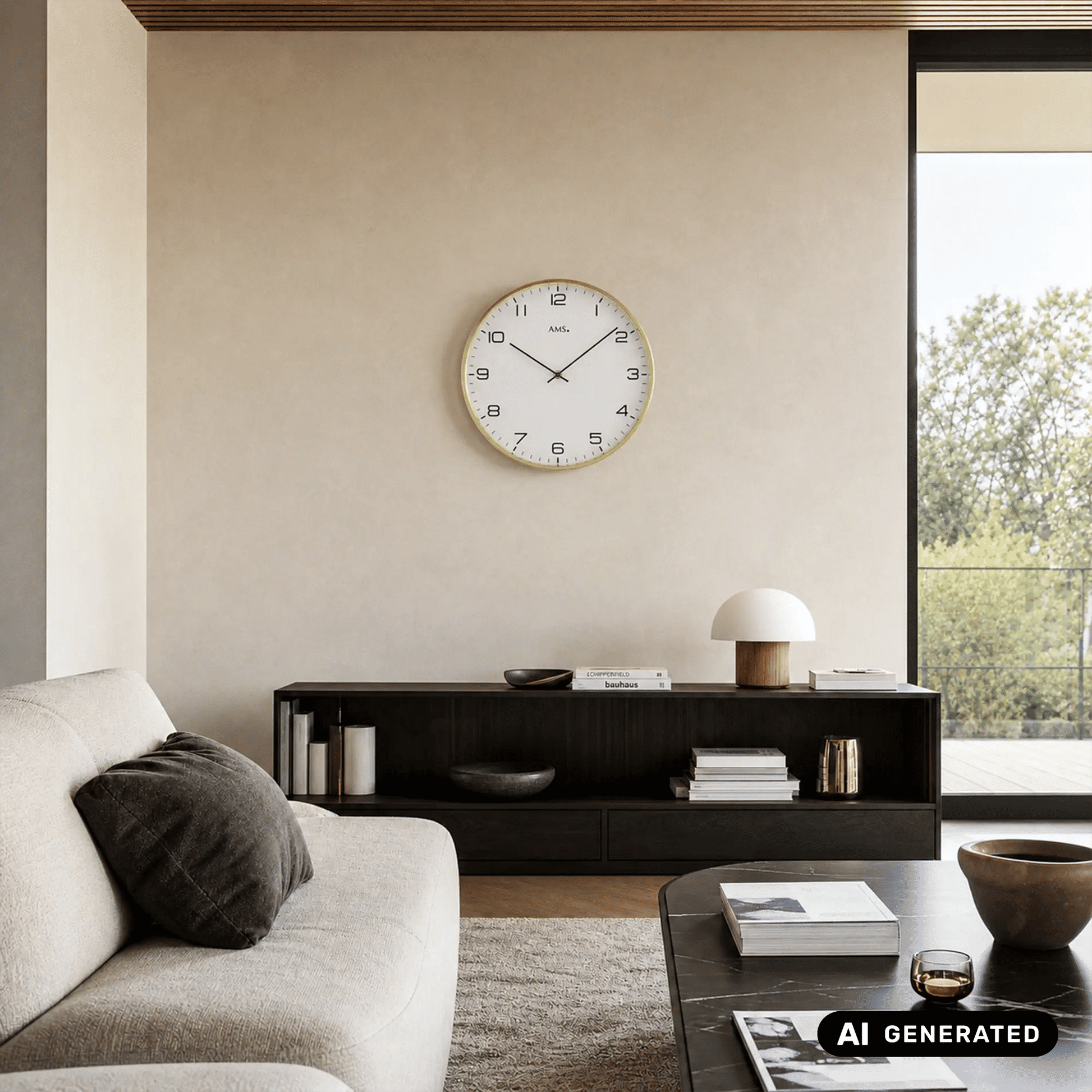 Runde Wanduhr mit weißem Zifferblatt und goldfarbener Einfassung an der Wand