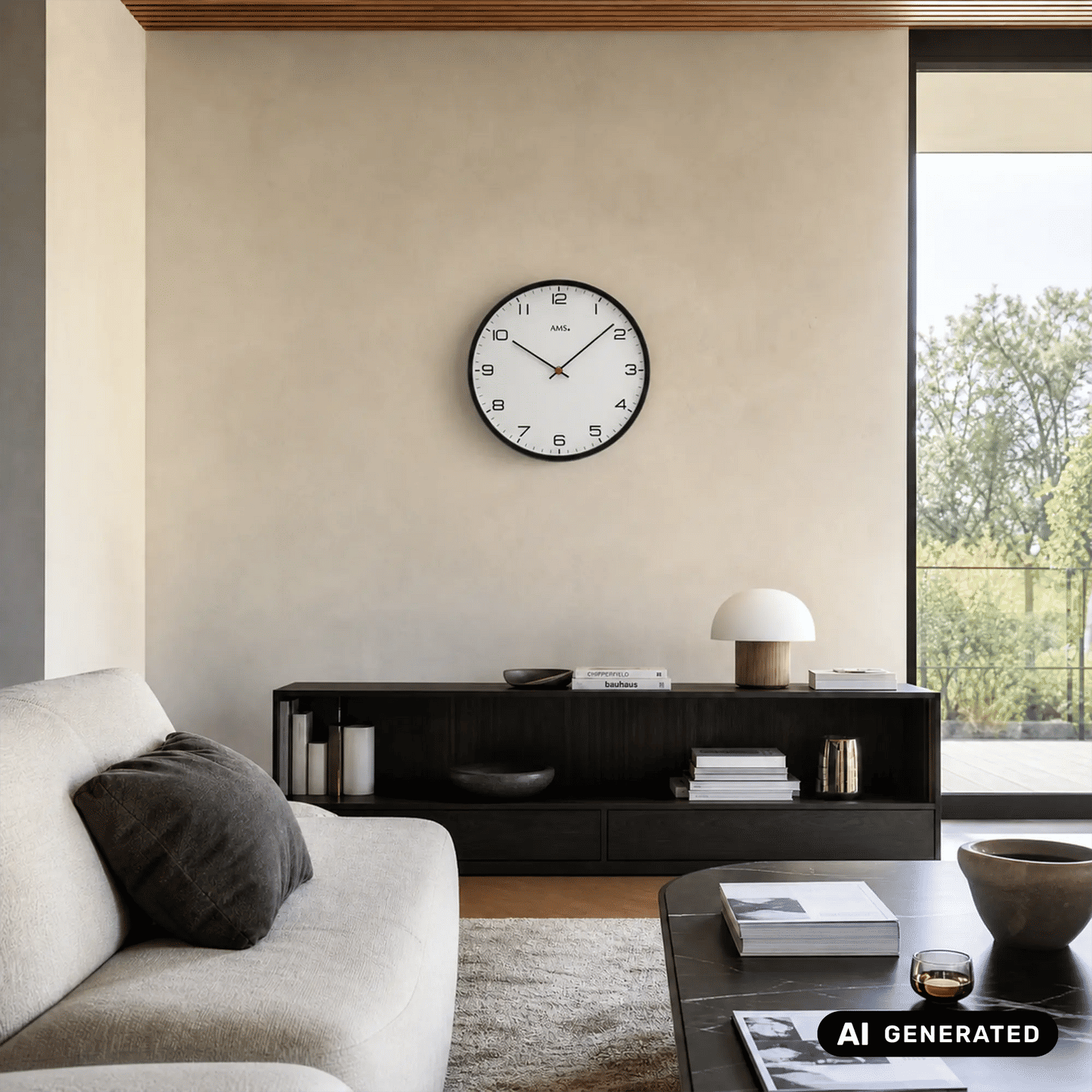 Wanduhr an der Wand mit schwarzem Rand, weißem Zifferblatt, roten Zeigern und AMS-Logo.
