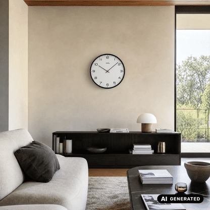Wanduhr an der Wand mit schwarzem Rand, weißem Zifferblatt, roten Zeigern und AMS-Logo.