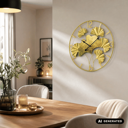 Wanduhr mit goldfarbenem Kreisrahmen, Blattmotiv, schwarzen Zeigern und arabischen Ziffern