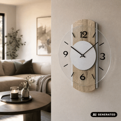 Wanduhr mit Sonoma-Eiche-Holzrahmen und facettiertem Glas, hellgraues Zifferblatt, schwarze Zahlen