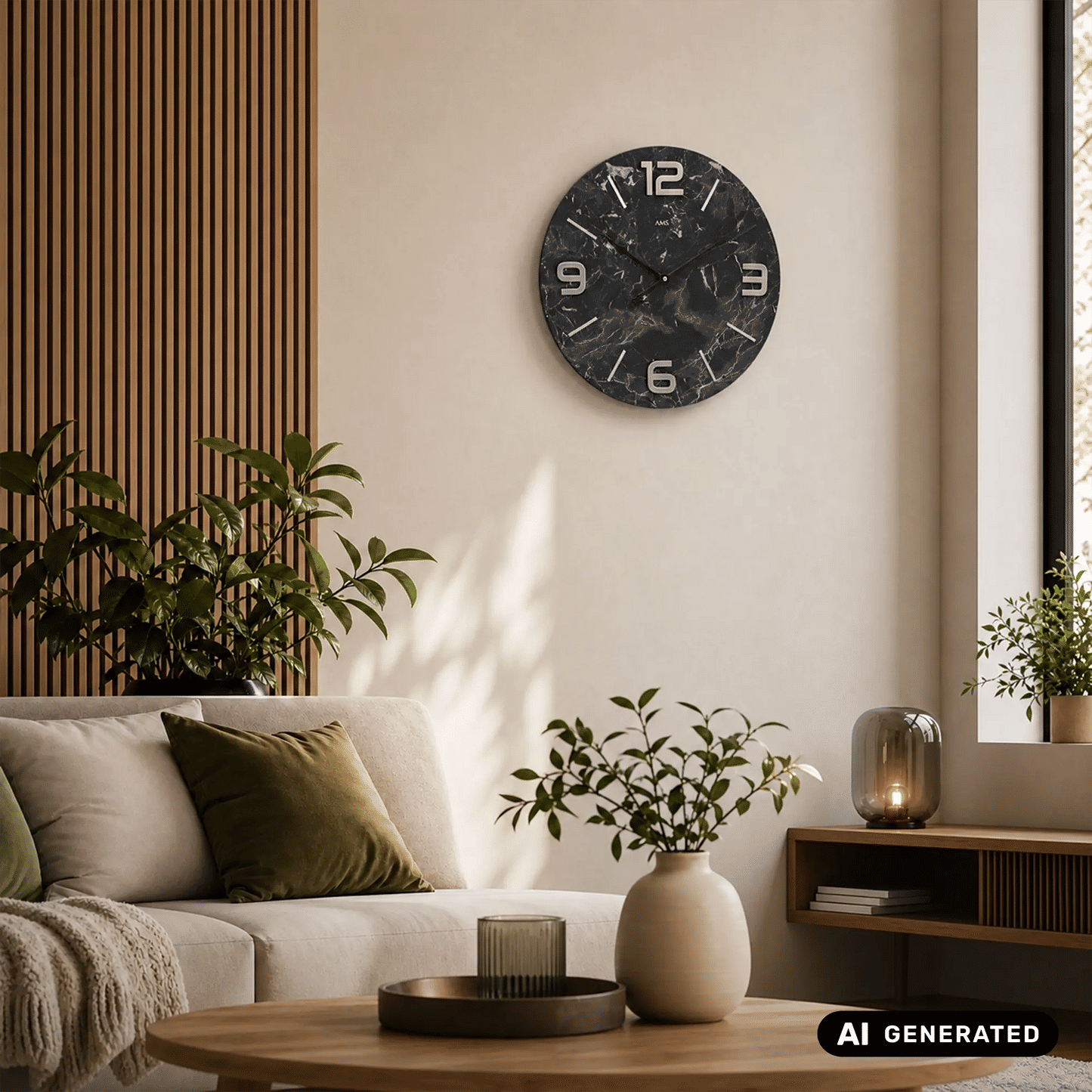 Wanduhr an der Wand mit rundem, dunklem Marmorzifferblatt und Metallzahlen