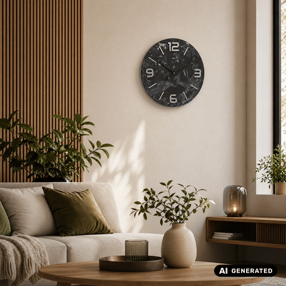 Wanduhr an der Wand mit rundem, dunklem Marmorzifferblatt und Metallzahlen