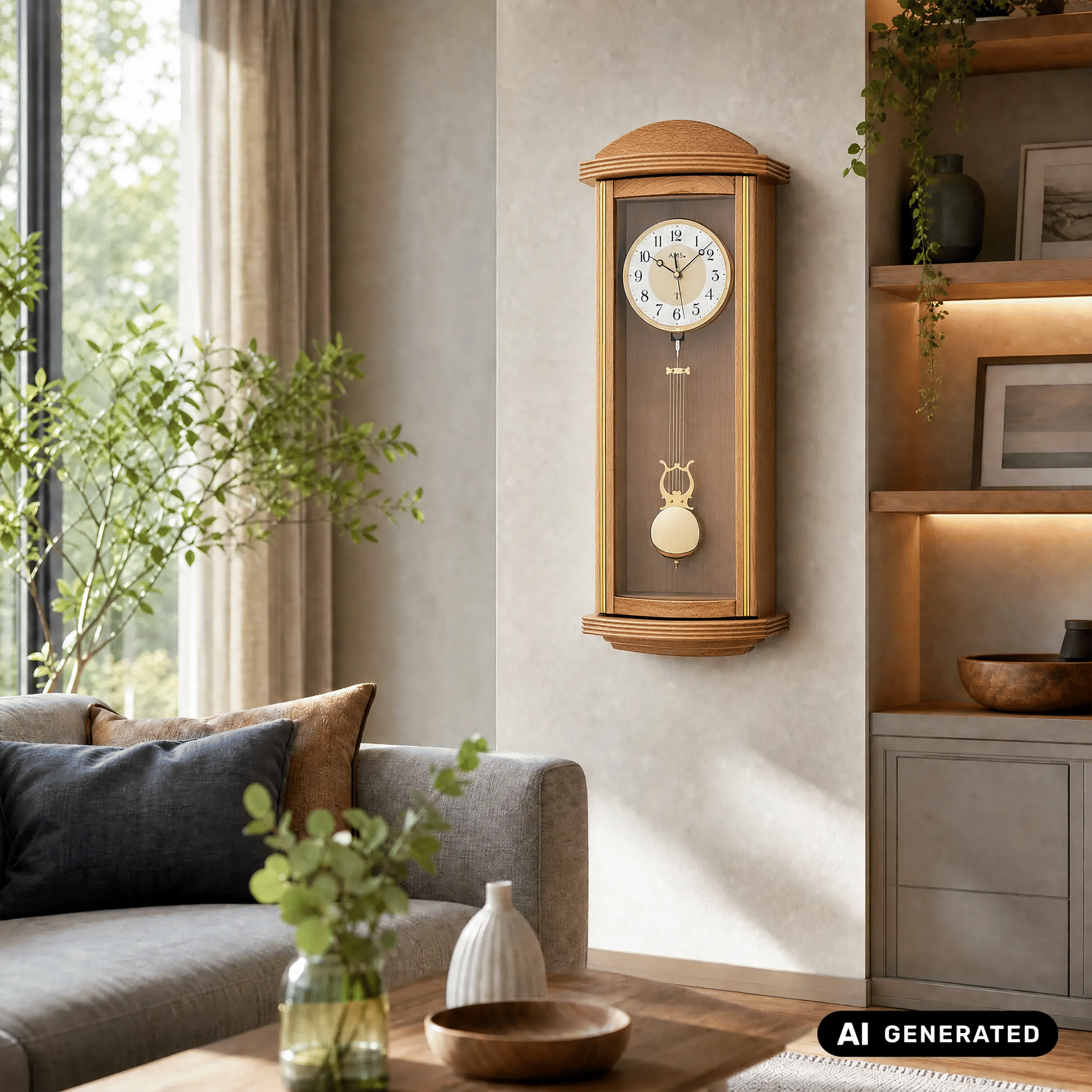 Wanduhr aus hellem Holz an der Wand mit Pendelwerk und geschwungenem Dekor