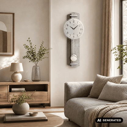 Wanduhr mit Steinstrukturgehäuse und Pendel, weißes Zifferblatt, grauer Rahmen