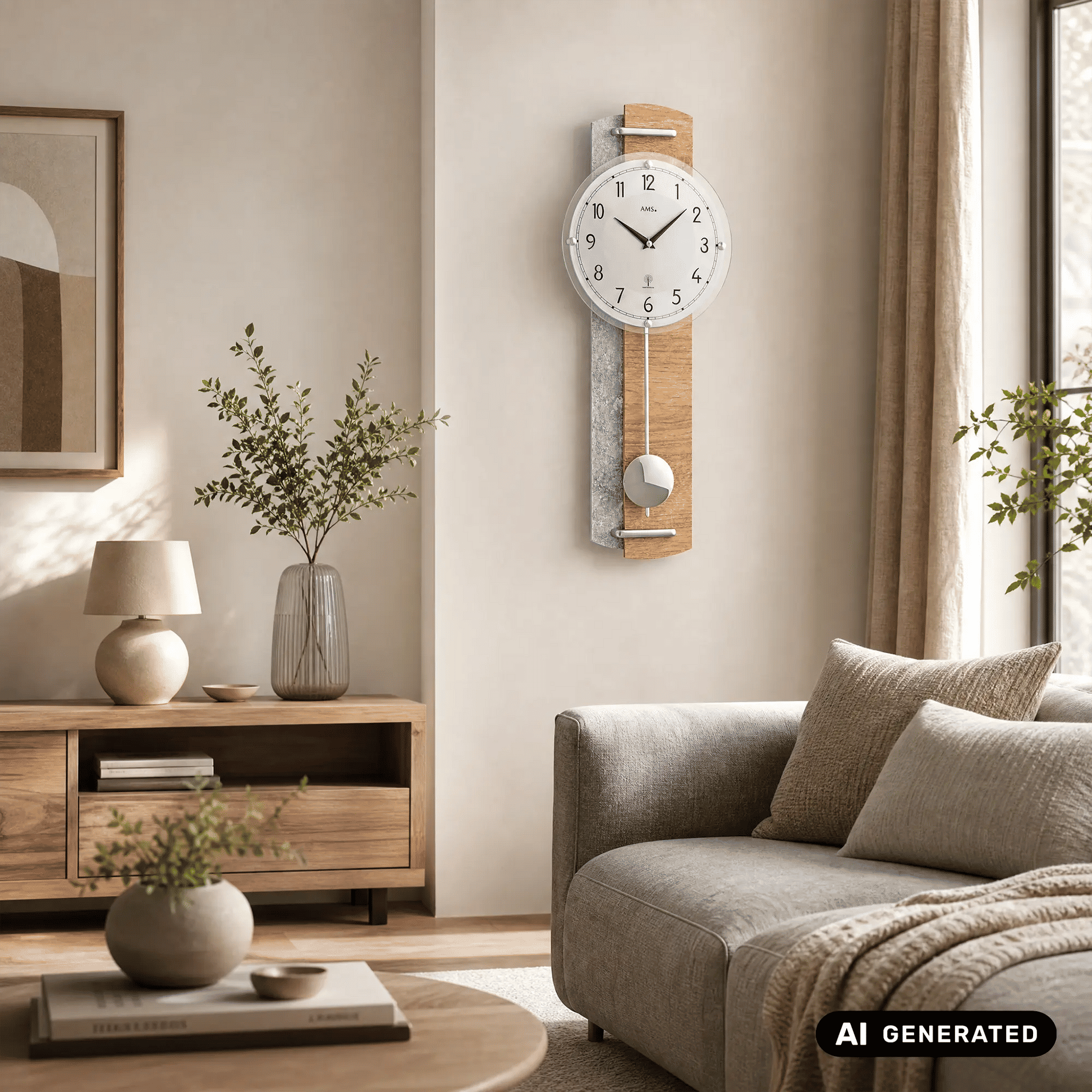 Funk-Pendelwanduhr Sonoma-Eiche mit rundem Ziffernblatt und sichtbarem Pendel, an der Wand