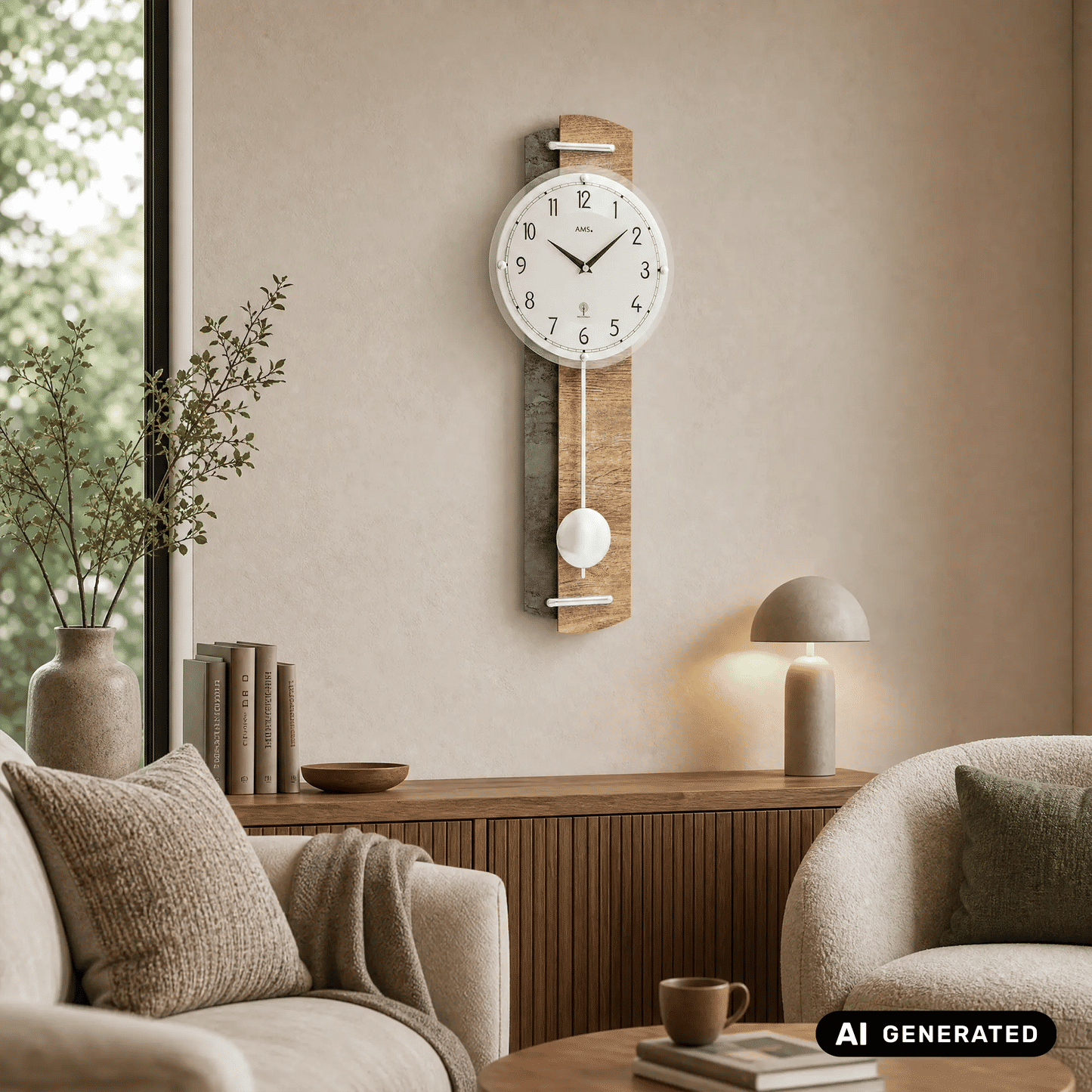 Wanduhr mit Holzgehäuse, weißem Zifferblatt und Pendelkugel am unteren Ende.