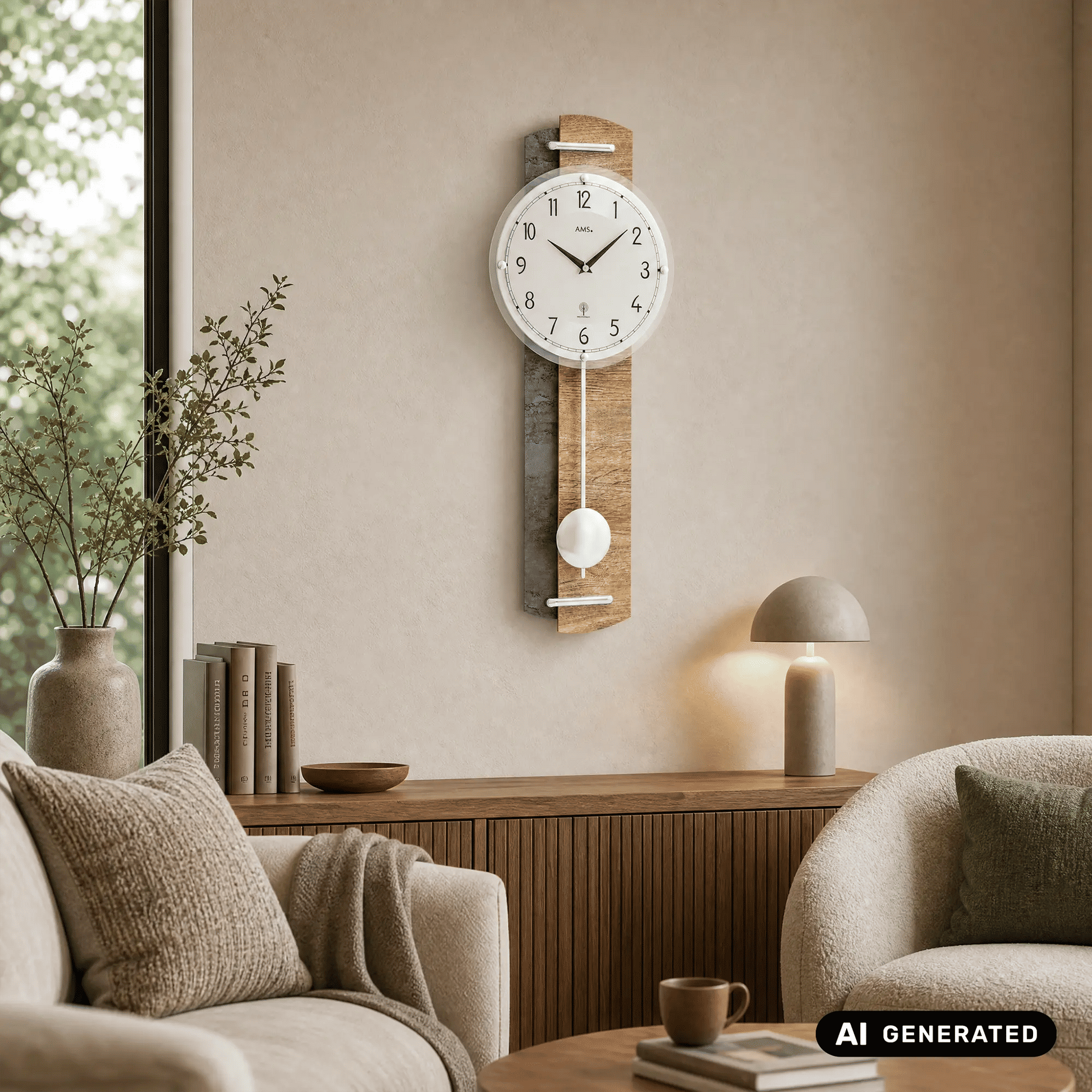 Wanduhr mit Holzgehäuse, weißem Zifferblatt und Pendelkugel am unteren Ende.