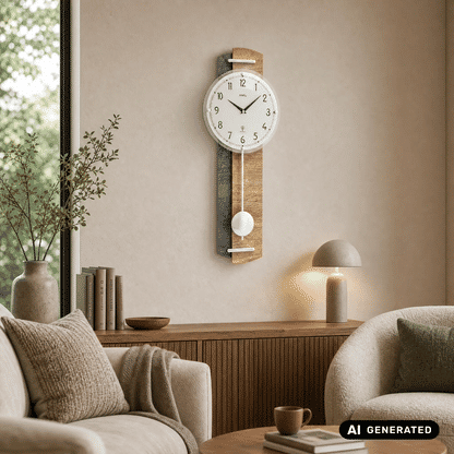Wanduhr mit Holzgehäuse, weißem Zifferblatt und Pendelkugel am unteren Ende.