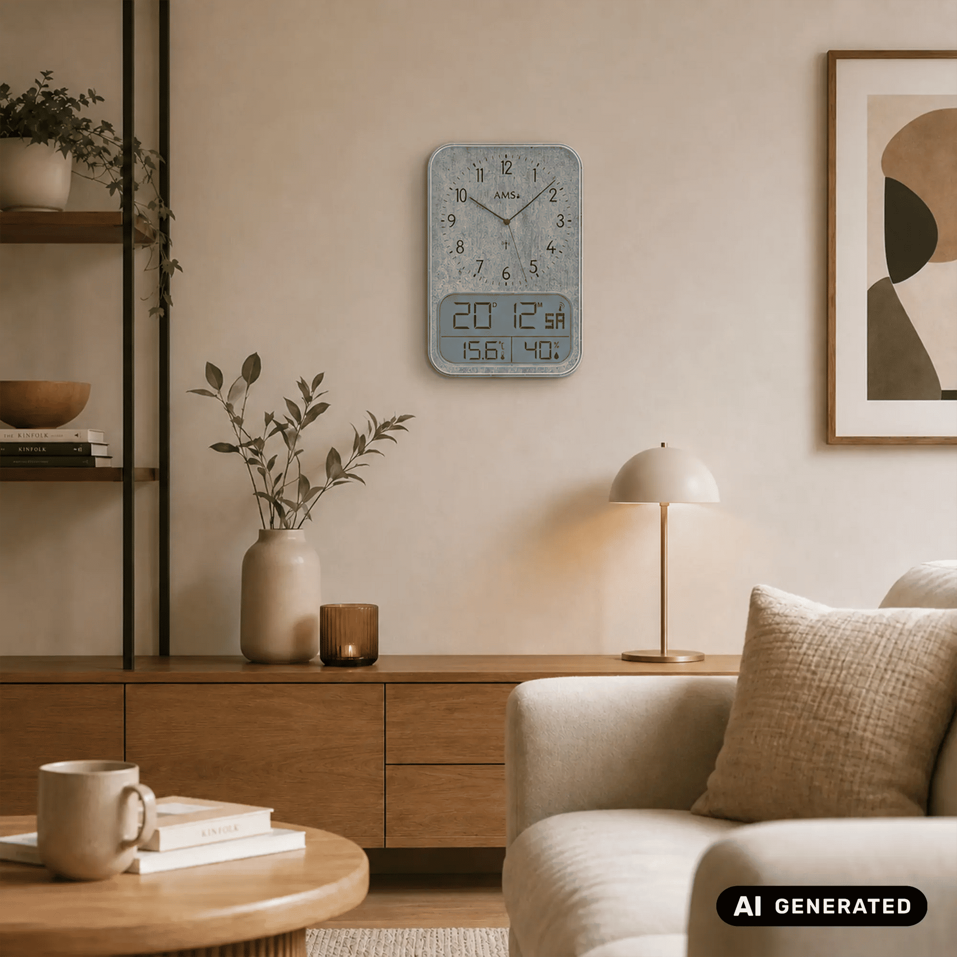Wanduhr mit Digitalanzeige an der Wand, Analogzeiger und Werte für Temperatur und Luftfeuchte