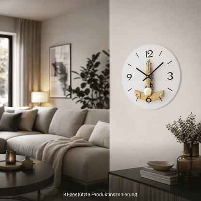 Wanduhr: rundes weißes Zifferblatt mit goldfarbenem Regulator und schwarzen Zeigern