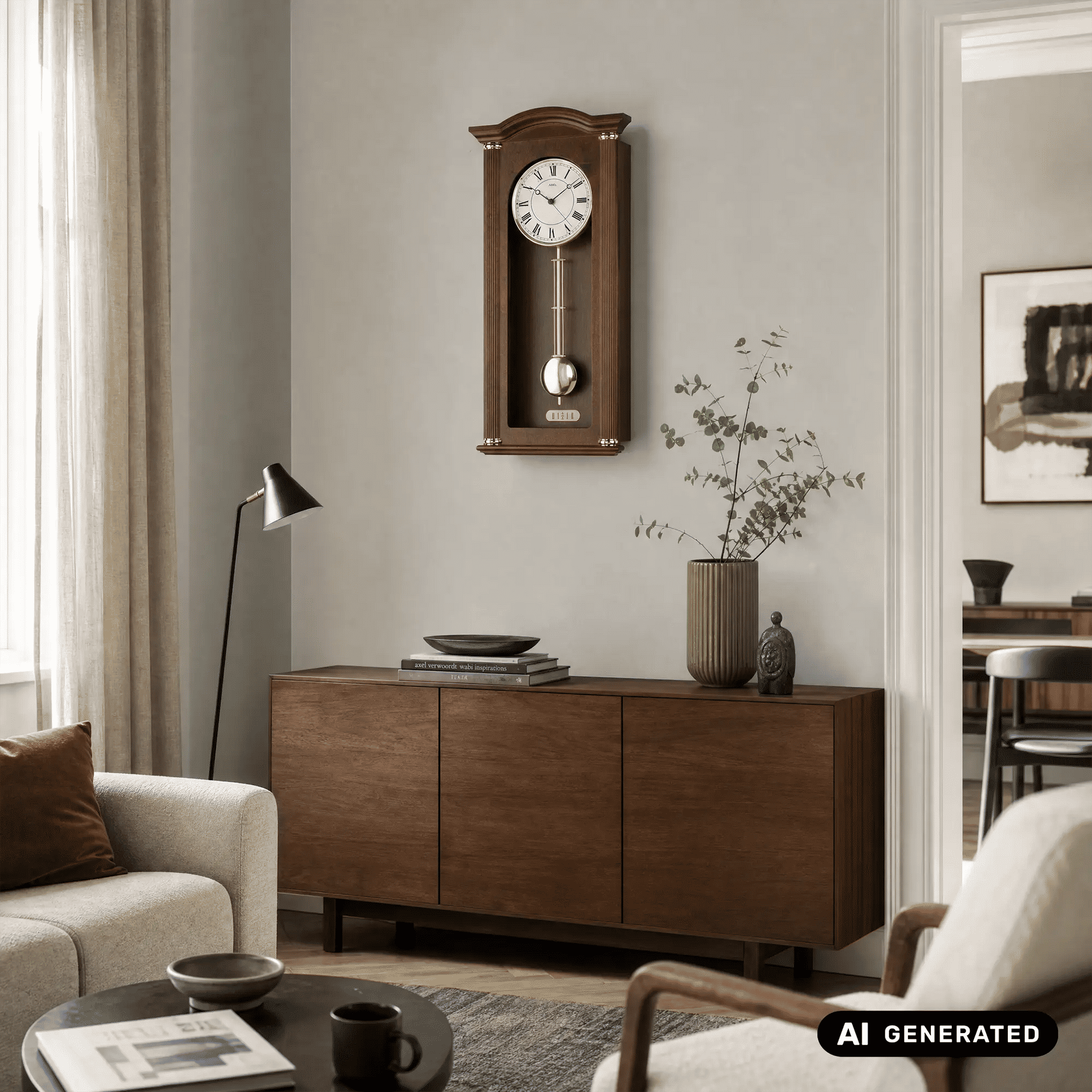 Nussbaum-Wanduhr mit rundem Zifferblatt, langem Pendel und Messingpendelgewicht