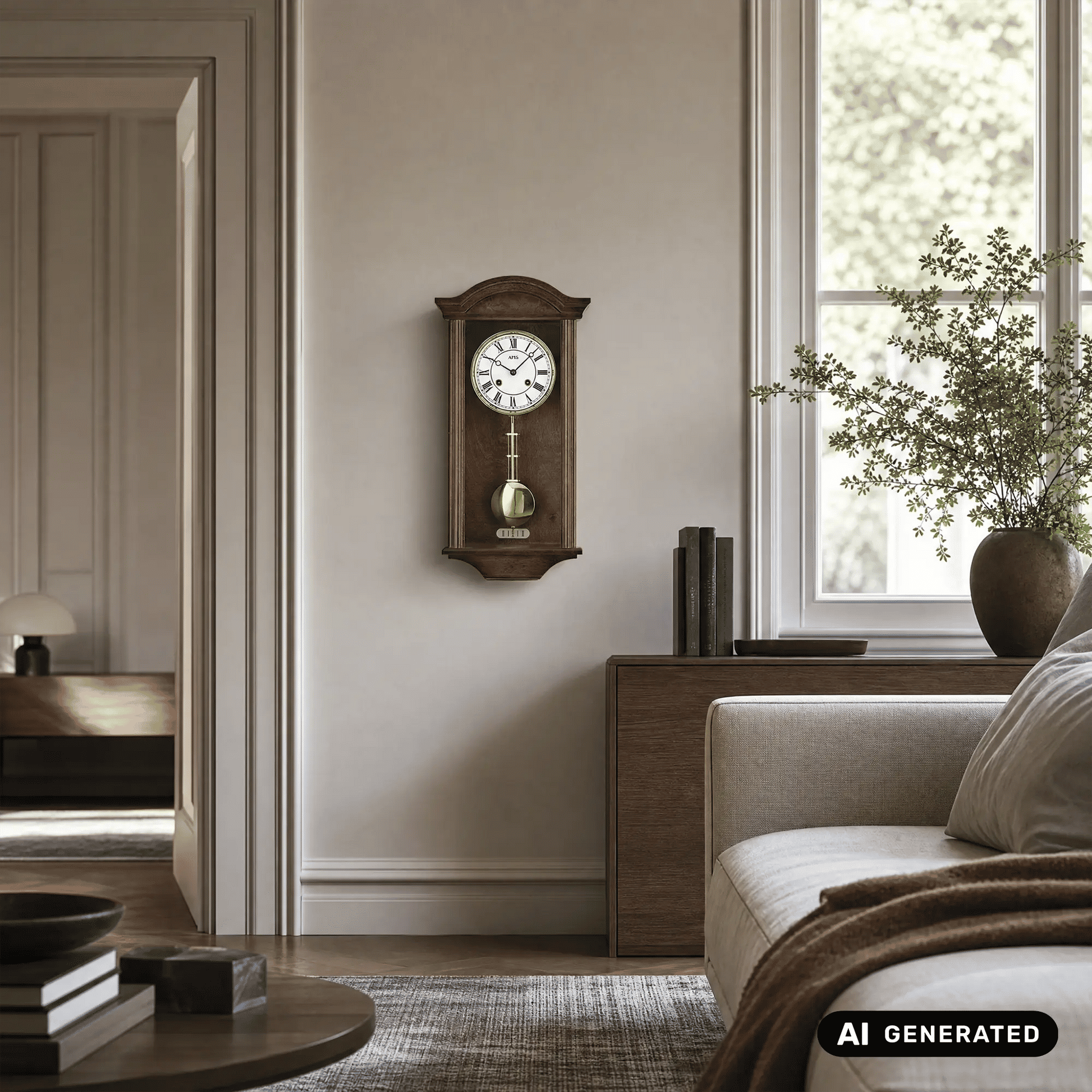 Wanduhr aus Nussbaumholz mit Pendel und analoge Uhranzeige mit römischen Ziffern