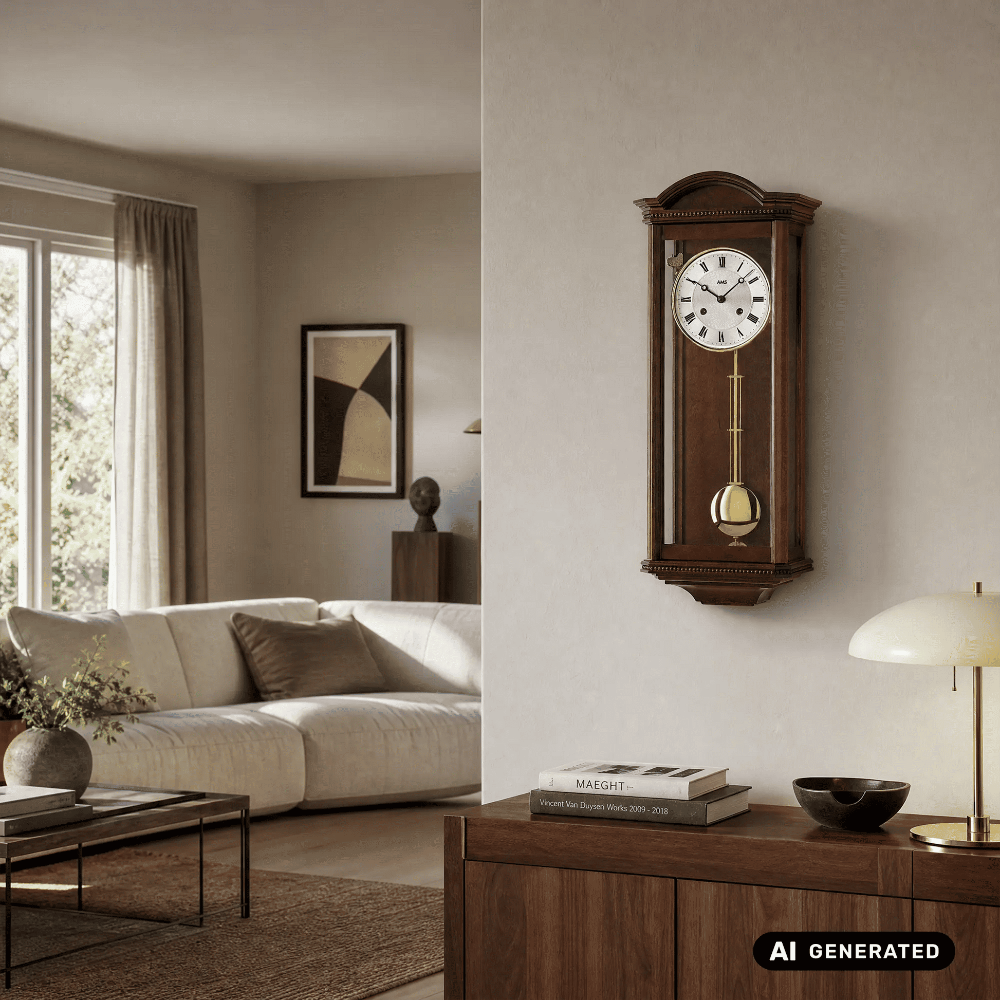 Wanduhr in Nussbaumoptik mit weißem Zifferblatt und vergoldetem Pendel