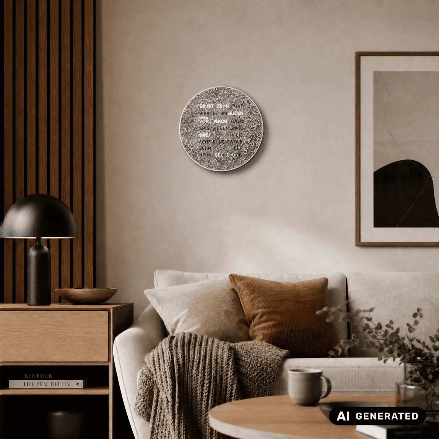 Runde LED-Wortuhr in Metallic mit Wortanzeige, auf Ständern im Wohnbereich