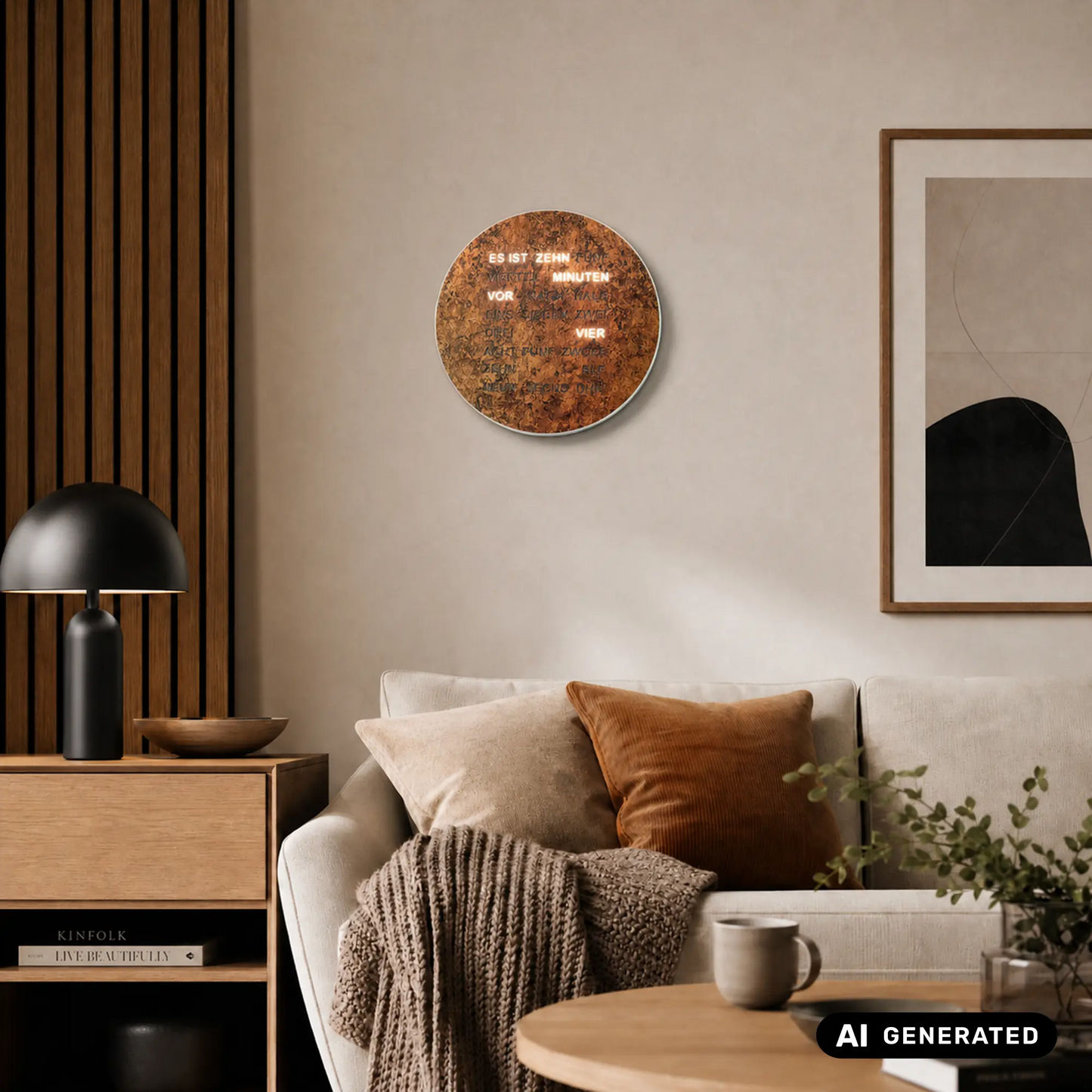 Runde LED-Wortuhr im Kupfer-Look an der Wand, beleuchtete Schriftanzeige sichtbar.