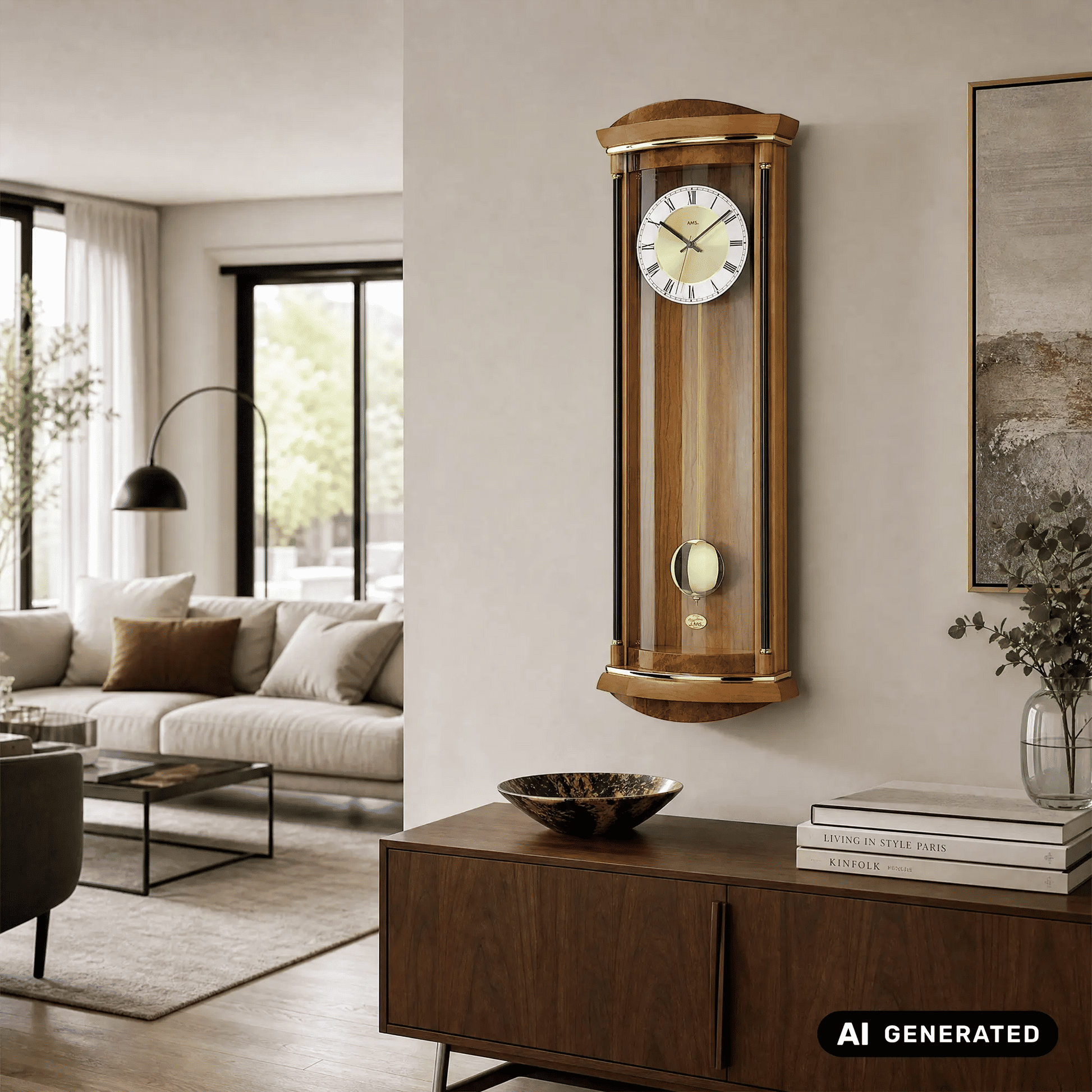 Wanduhr an der Wand mit Holzgehäuse und Glasfront, großes Zifferblatt und Pendelgewicht