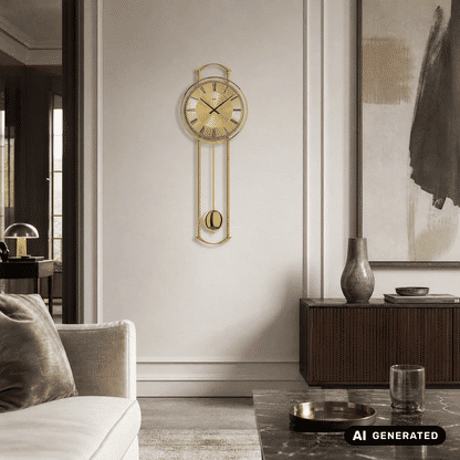 Messingfarbene Wanduhr mit goldenem Ziffernblatt und Kugelpendel